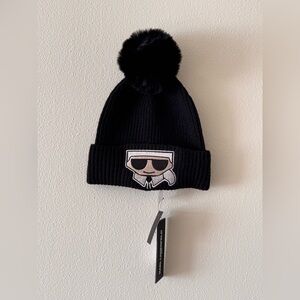 Karl Lagerfeld Black Pom Faux Fur Beanie
